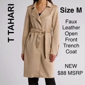 Tahari Faux Leather Trench Coat Open Front Tie Lightweight Jacket